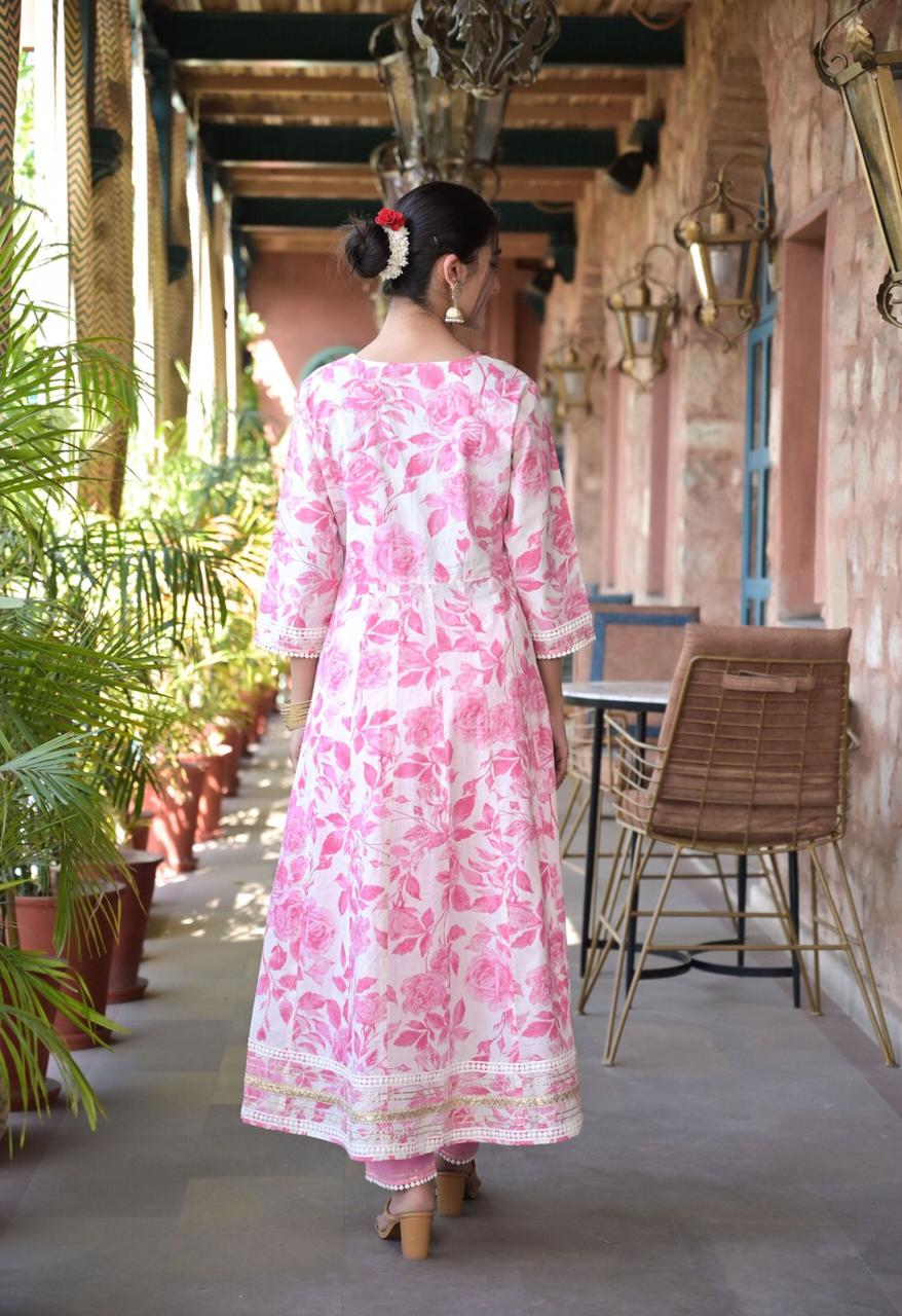 White Pink Floral Anarkali Kurti With Bottom Dupatta Catalog